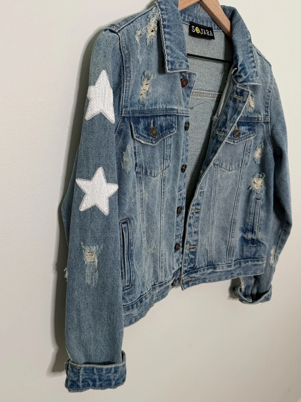 Distressed Rolling Stones Inspired+Stars Sequin Sleeve Denim Jacket by Sojara - Picture 3 of 8